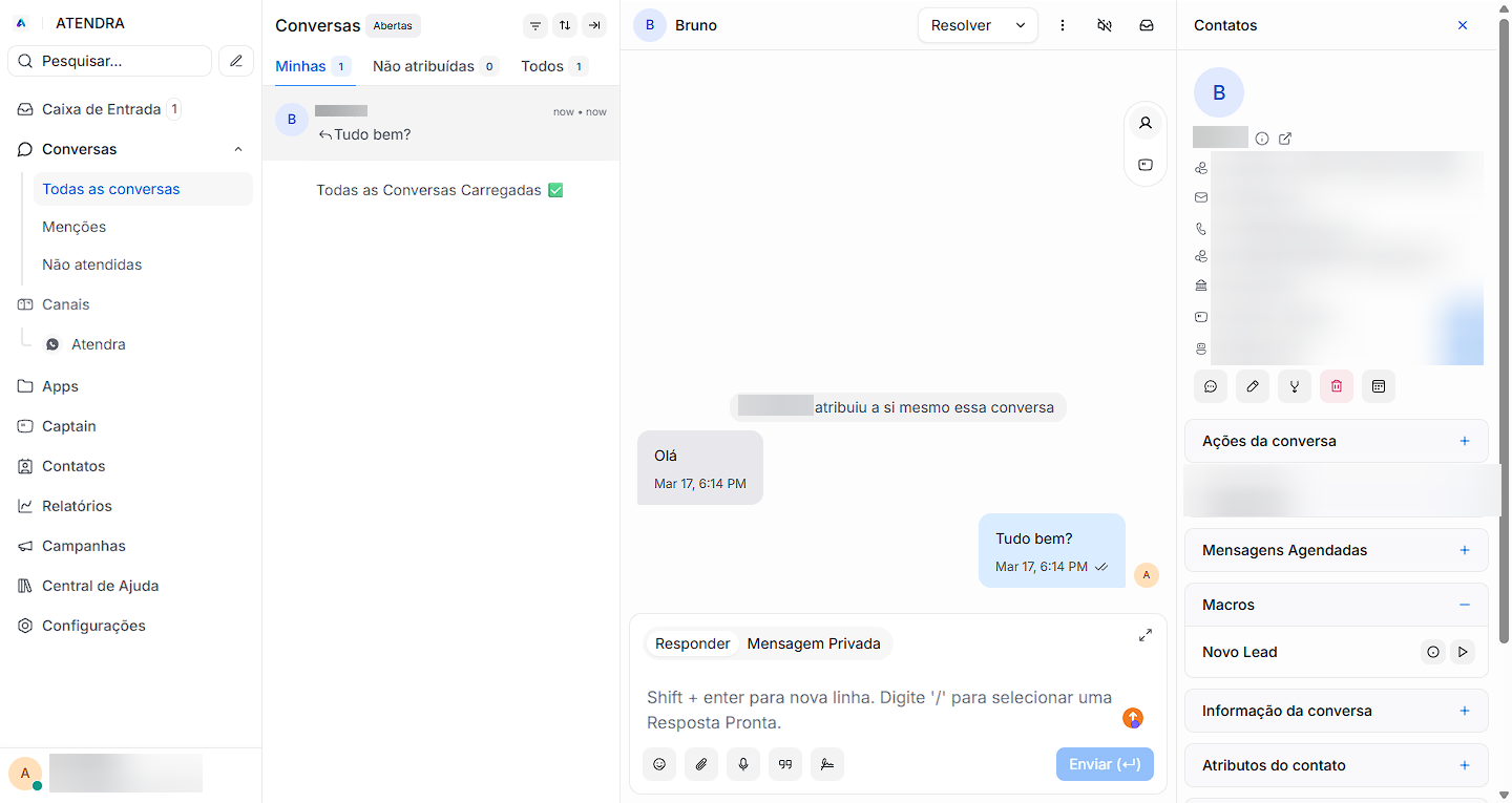 Plataforma Atendra — painel de conversas